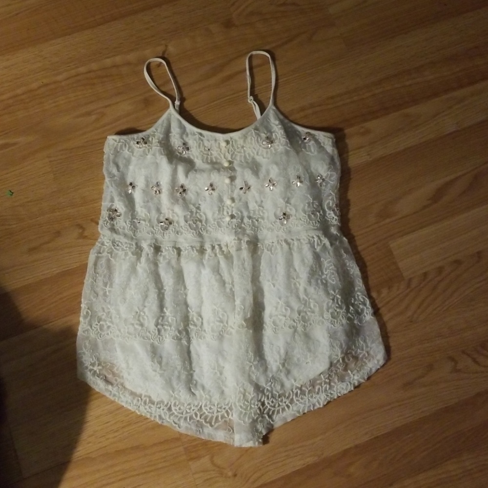 White tank top with rhinestone flowers
